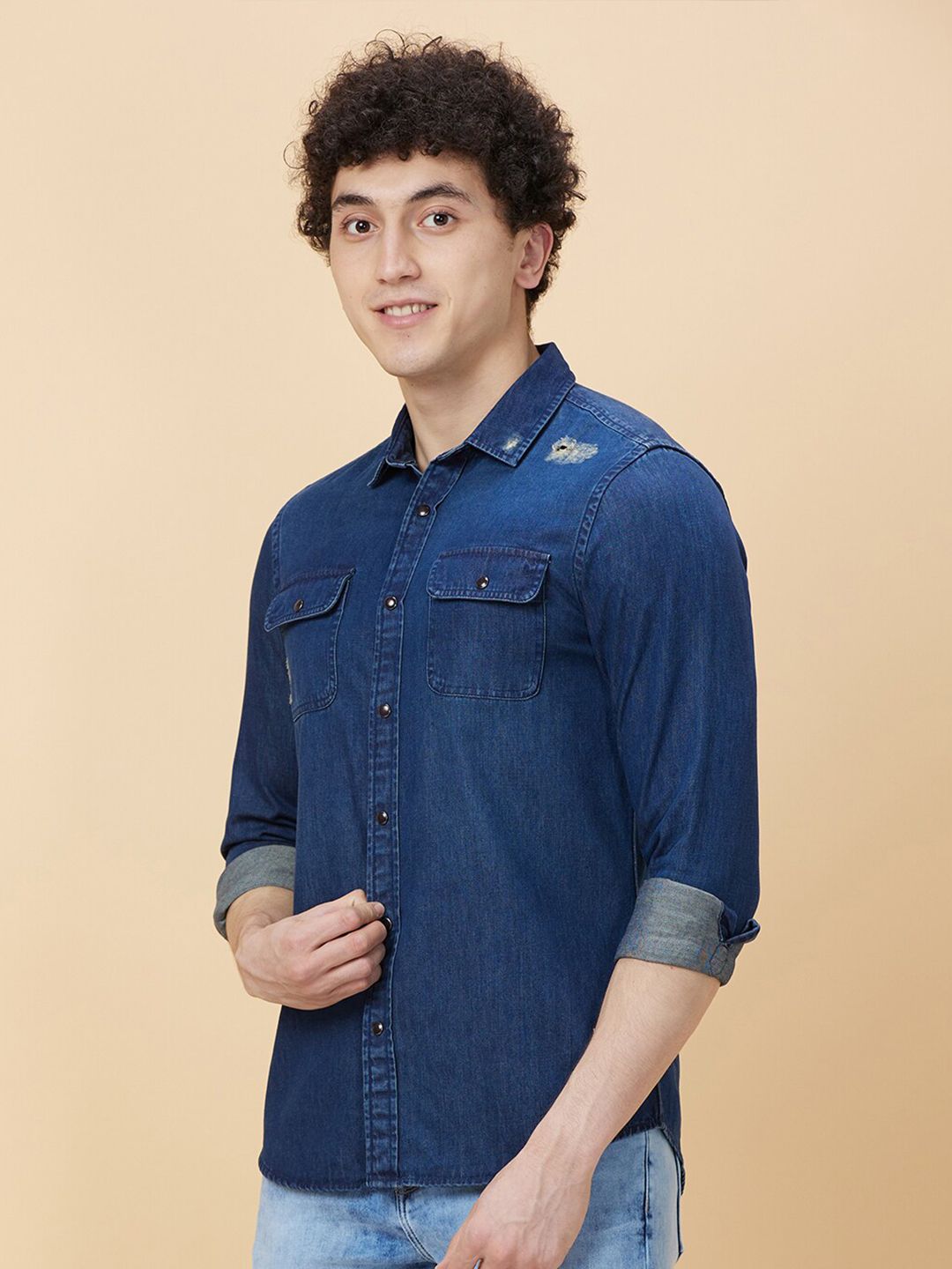 Being Human Spread Collar Faded Slim Fit Cotton Shirt