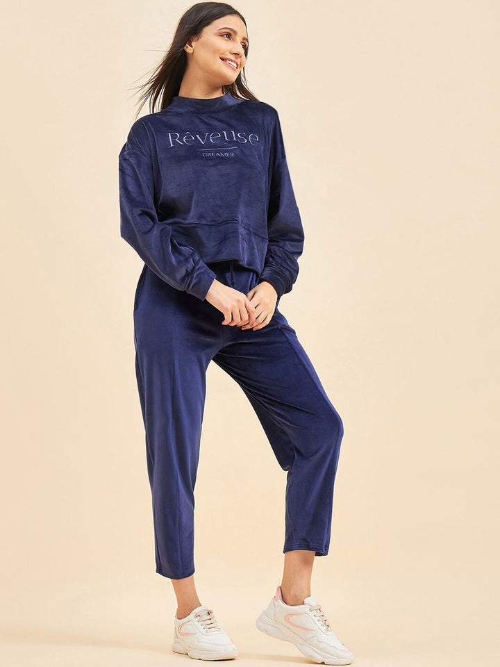 Sweet Dreams Navy Blue Typography Printed Mock Collar Tracksuit