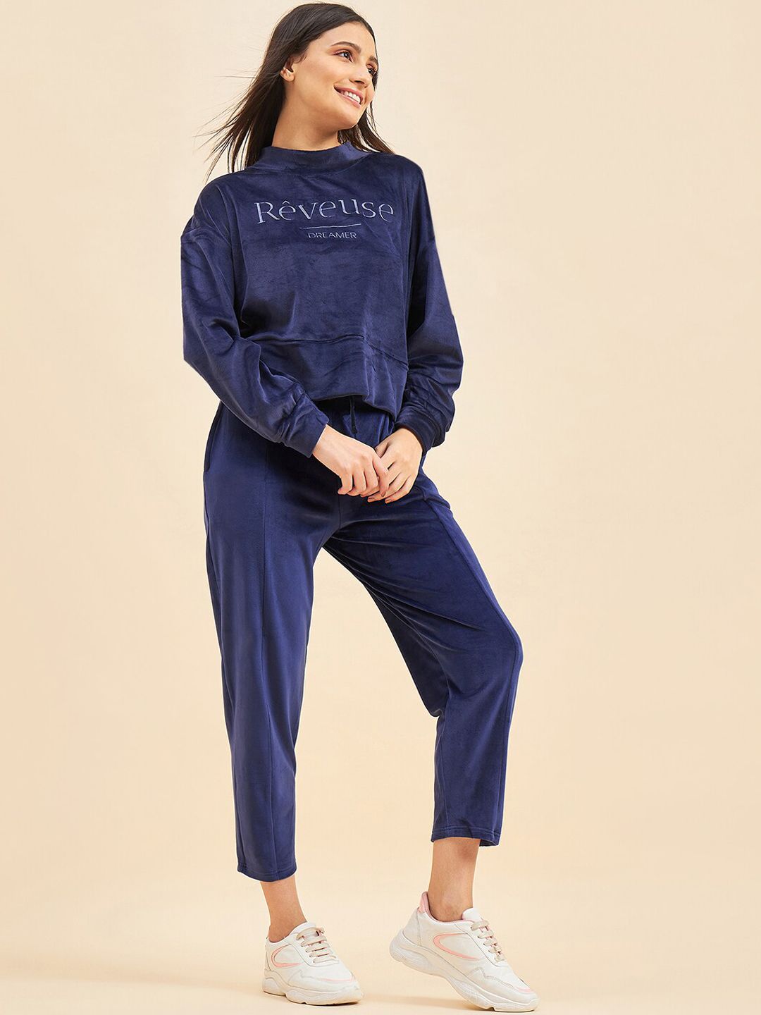 Sweet Dreams Navy Blue Typography Printed Mock Collar Tracksuit