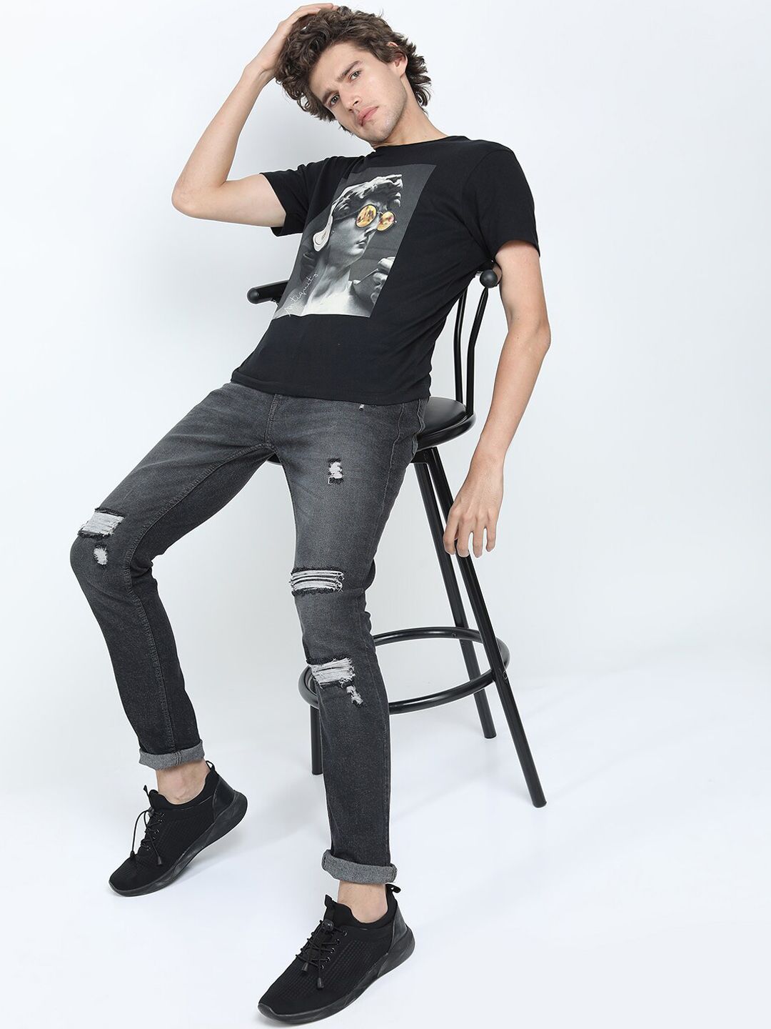 HIGHLANDER Men Charcoal Slim Fit Highly Distressed Stretchable Jeans