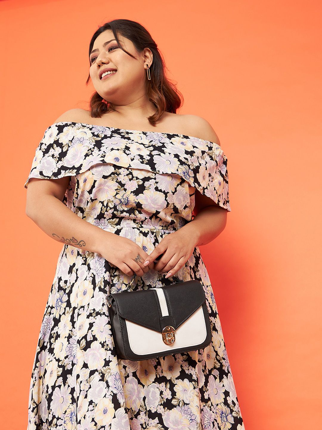 SASSAFRAS Curve Plus Size Floral Printed Off-Shoulder Midi Dress