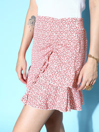 Berrylush Women Pink Floral Wrap Tie Ruffle Trim Mini Skirt