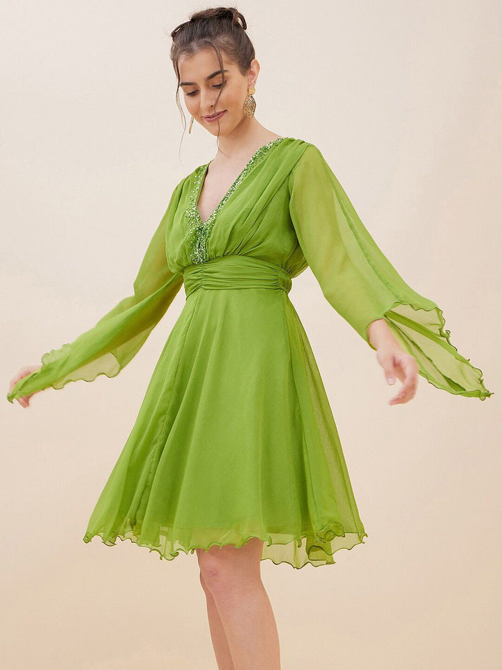 Antheaa Embelllished V-Neck Flared Sleeves Fit & Flare Dress