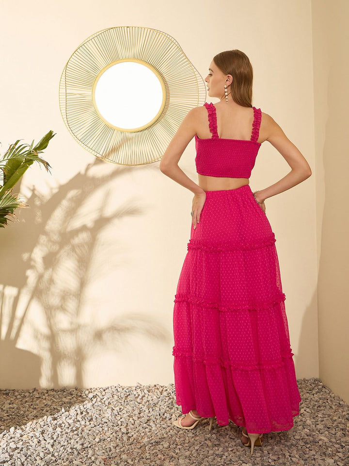 Berrylush Pink Self Design Shoulder Straps Sleeveless Smocked Fitted Crop Top