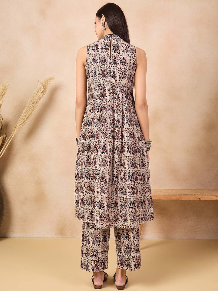 Anouk Beige Kalamkari Printed Halter Neck Pure Cotton A-Line Kurta With Palazzos
