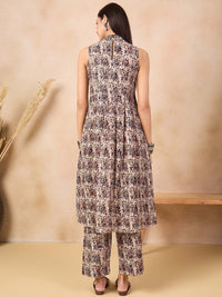 Anouk Beige Kalamkari Printed Halter Neck Pure Cotton A-Line Kurta With Palazzos