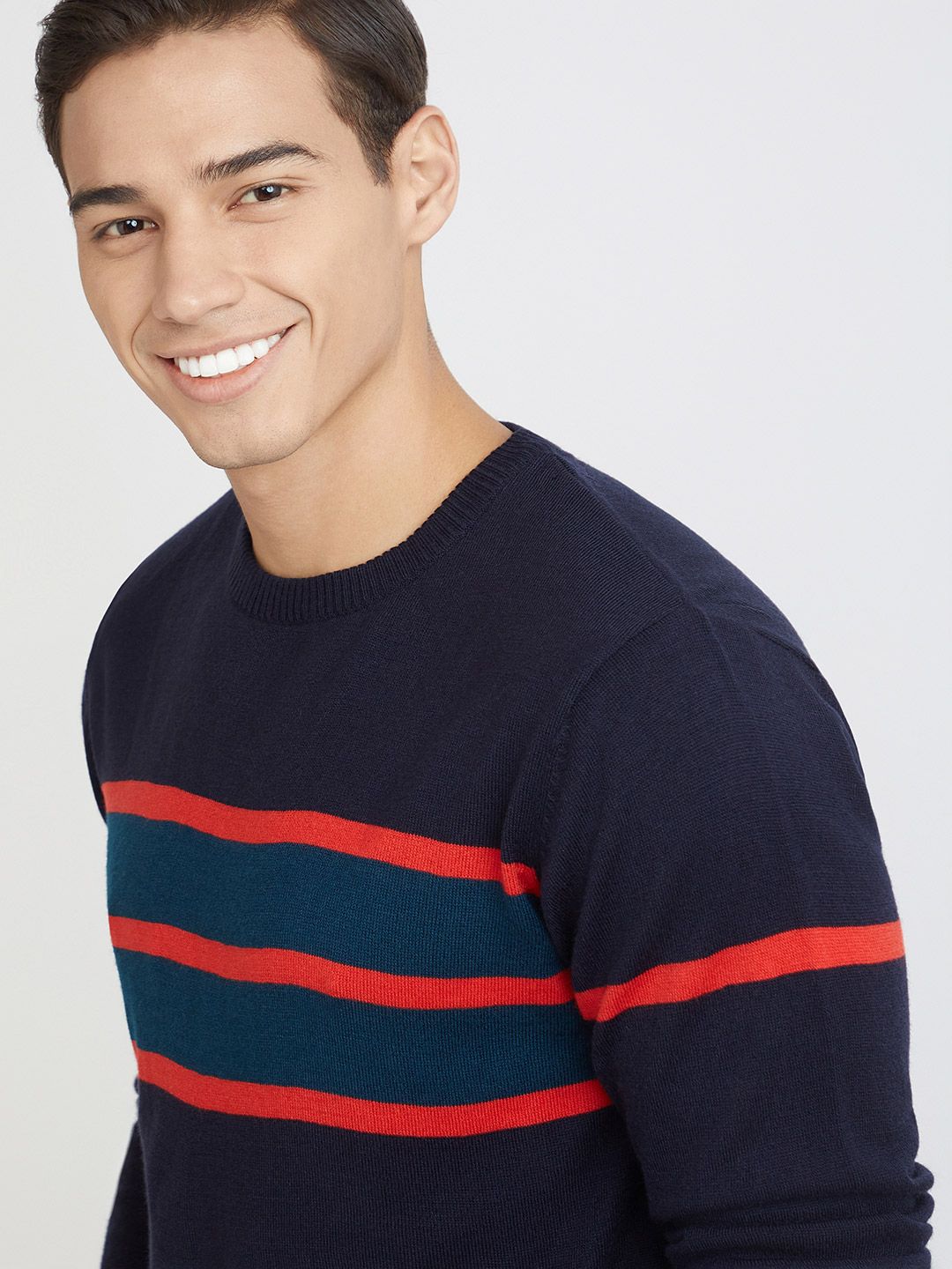 Raymond Men Navy Blue & Red Striped Pullover