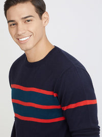 Raymond Men Navy Blue & Red Striped Pullover