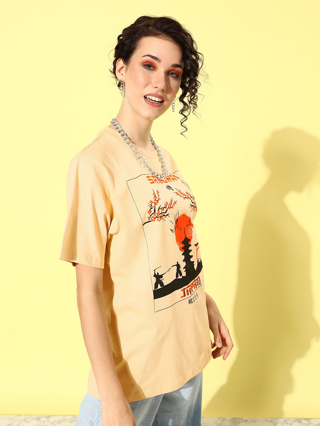 DILLINGER Beige & Black Printed Oversized Pure Cotton Longline T-shirt