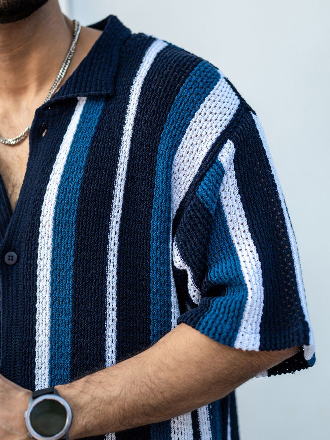 PowerlookIndia Slim Striped Oversized Casual Crochet Shirt