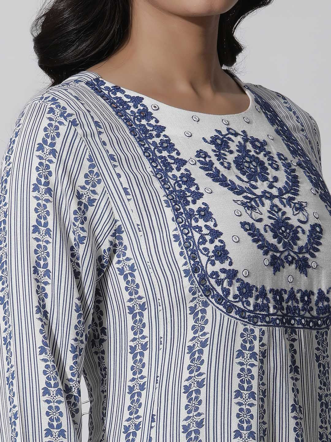W Blue Ethnic Motifs Printed Mirror Work Kurta