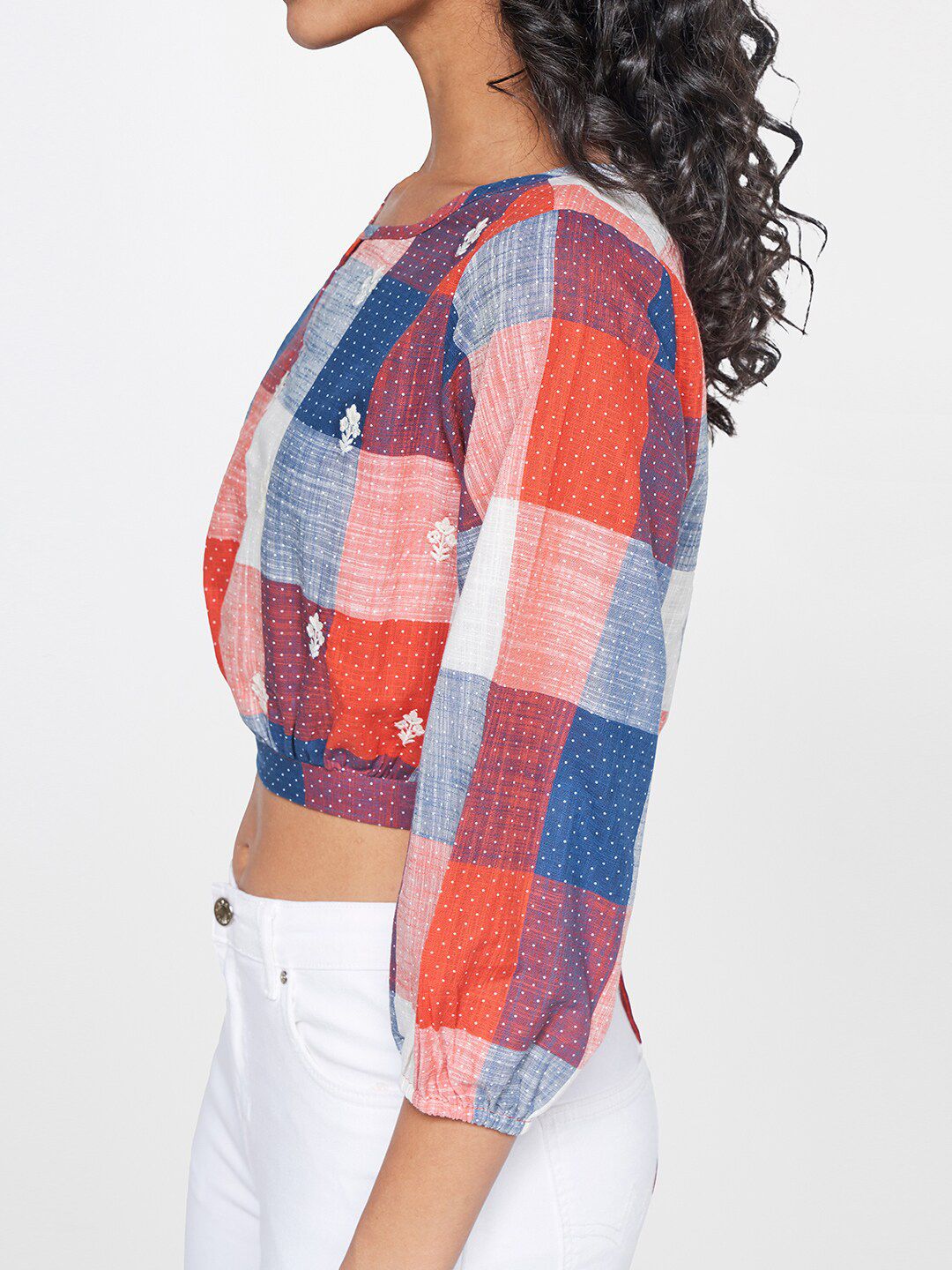 Global Desi Checked Puff Sleeves Pure Cotton Crop Top