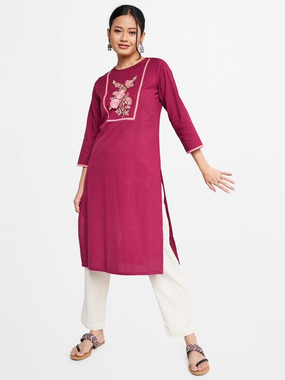 Global Desi Round Neck Embroidered Cotton Kurta