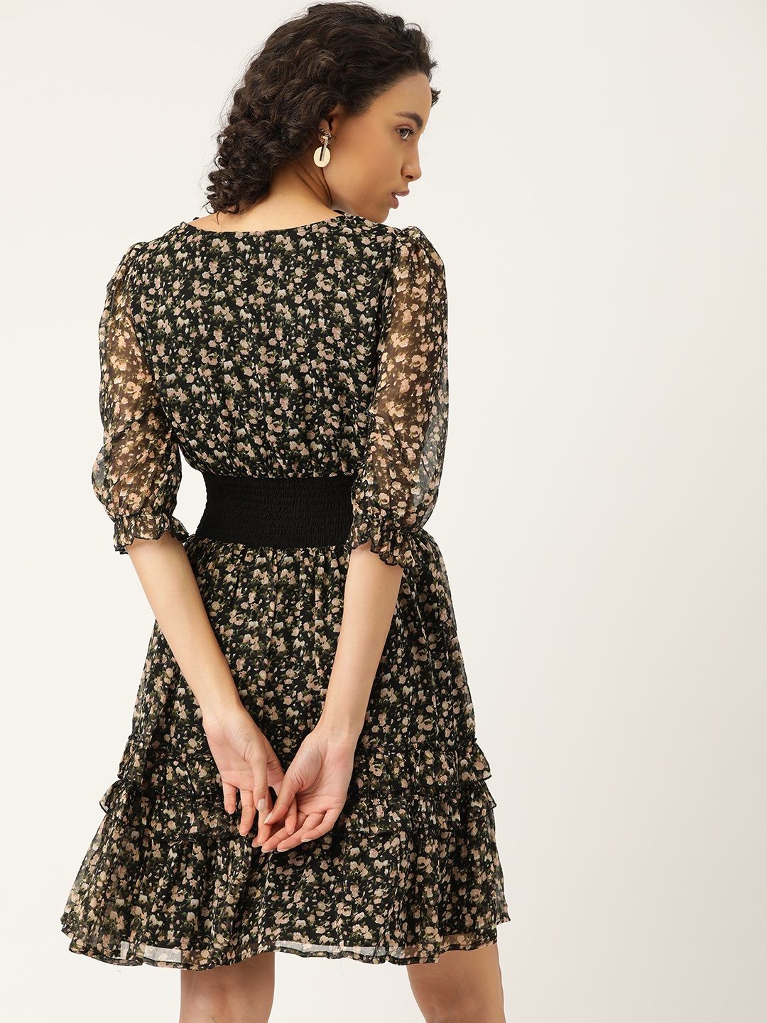 Antheaa Women Black & Green Floral Print Smocked Wrap Dress