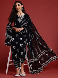 Indo Era Floral Printed Regular Pure Cotton Kurta With Trousers & Dupatta