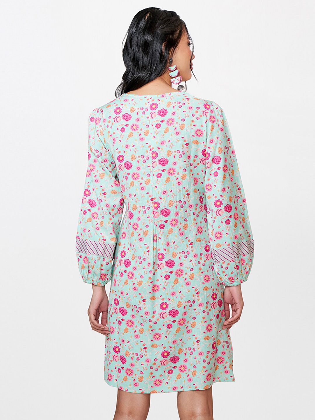 Global Desi Floral Printed Puff Sleeves A-Line Dress
