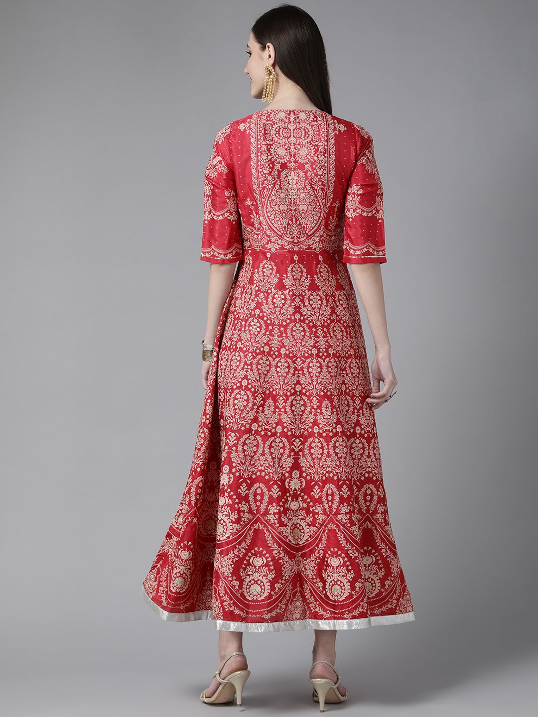 W Maroon & Gold-Toned Ethnic Motifs Keyhole Neck Ethnic A-Line Midi Dress