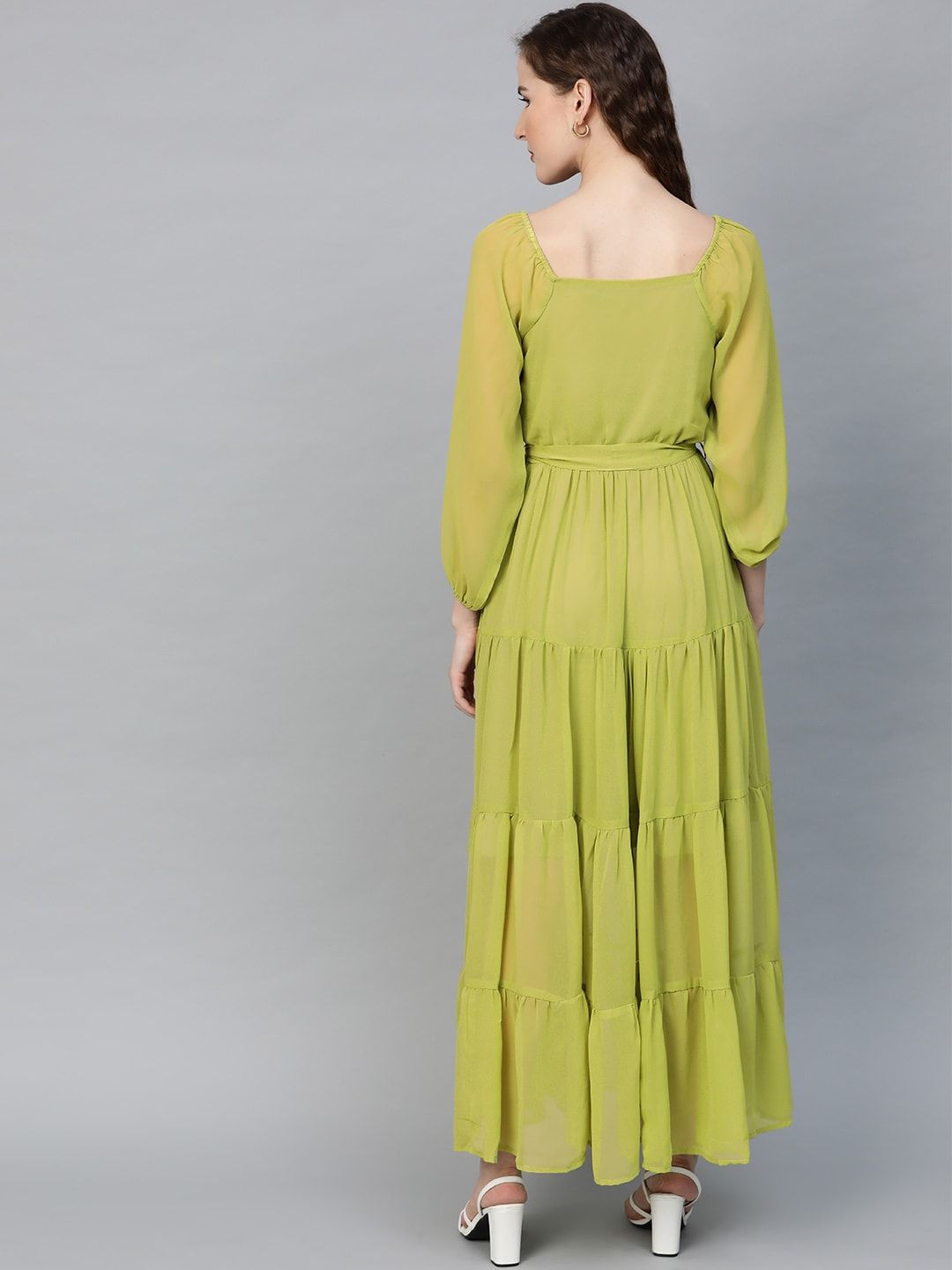 SASSAFRAS Lime Green Tiered Pleated Maxi Dress
