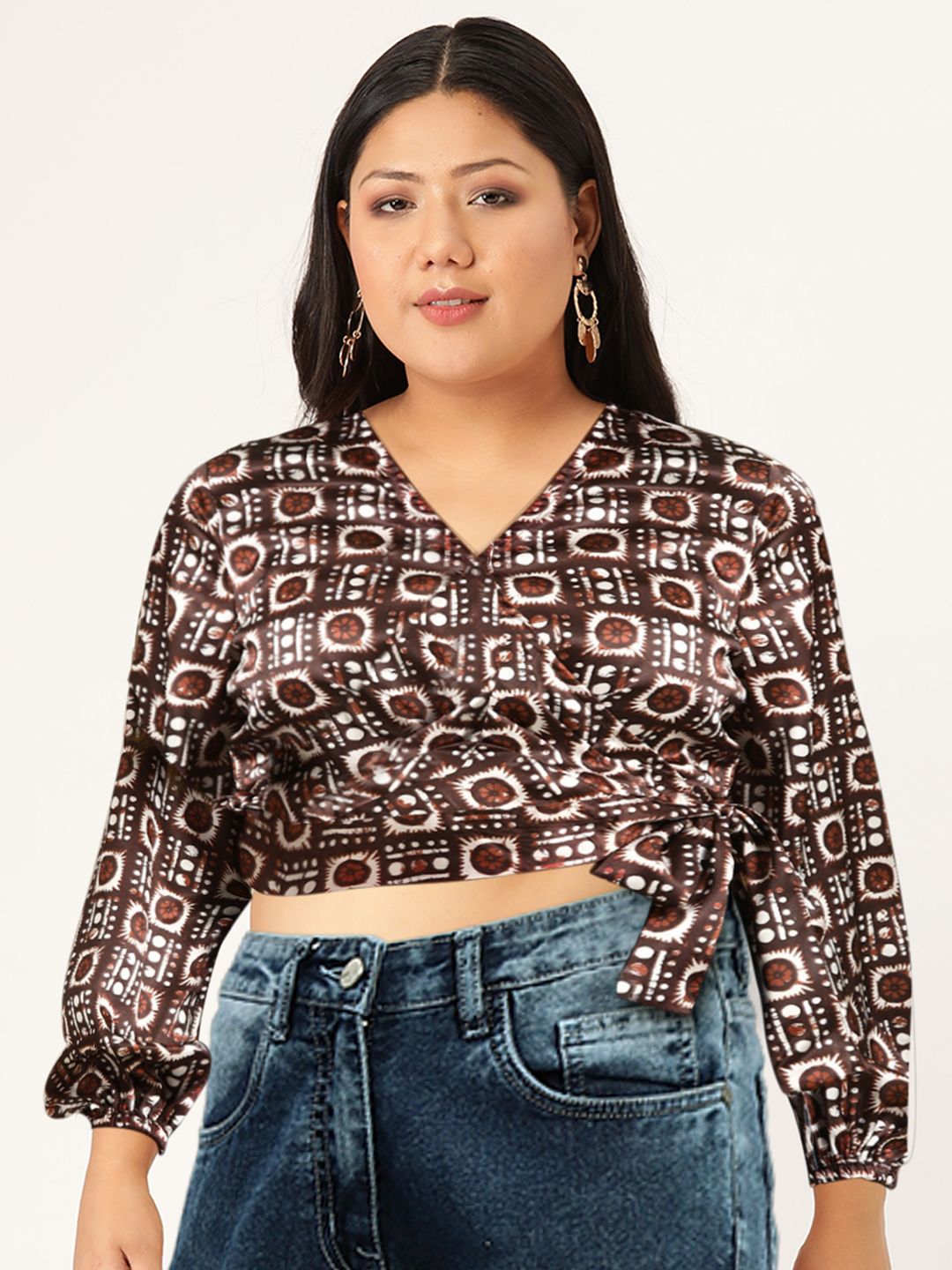 all about you Satin Finish Printed Puff Sleeves Wrap Crop Top