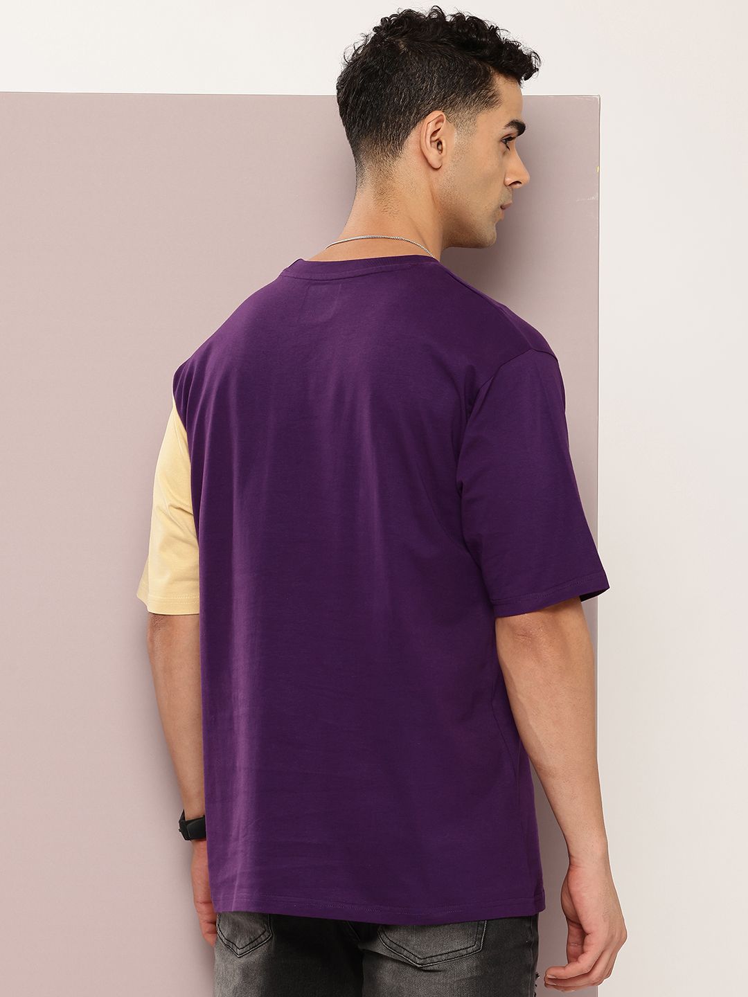 DILLINGER Men Colourblocked Drop-Shoulder Sleeves Oversized Embossed Pure Cotton T-shirt