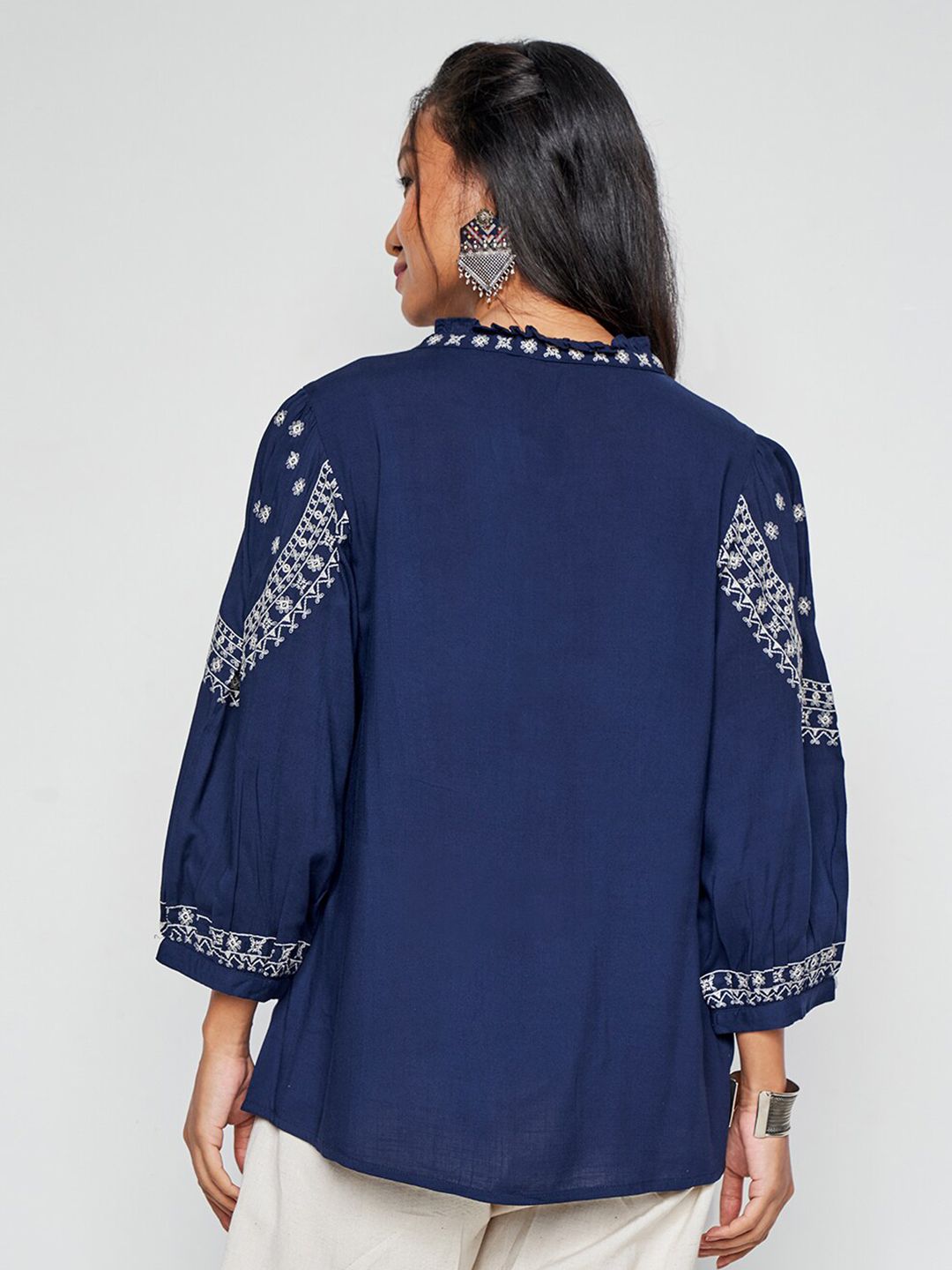 Global Desi Embroidered Mandarin Collar Long Cuffed Sleeves Top