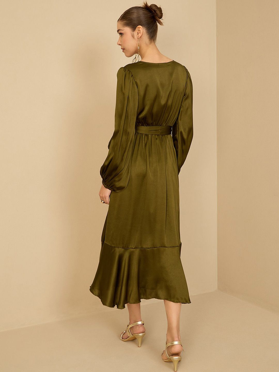 Antheaa Puff Sleeve Satin Embellished Wrap Midi Dress