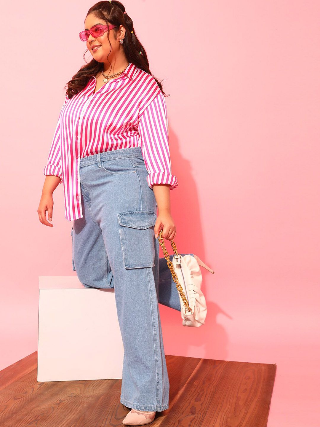 CURVY STREET Women Plus Size Blue Jean Wide Leg Pure Cotton Cargo Jeans