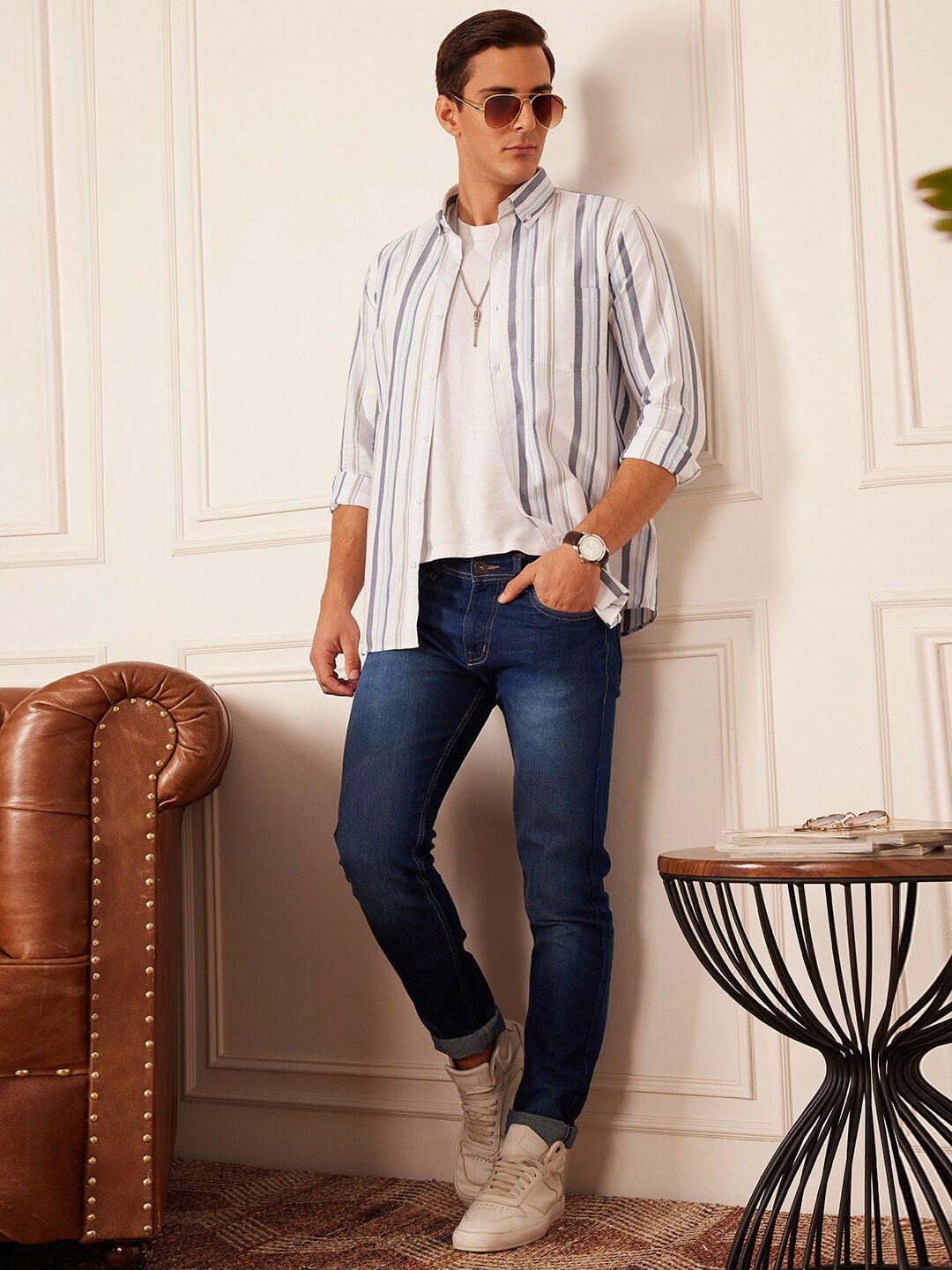 DENNISON Baju Kasual Kolar Berkolar Berjalur Pintar