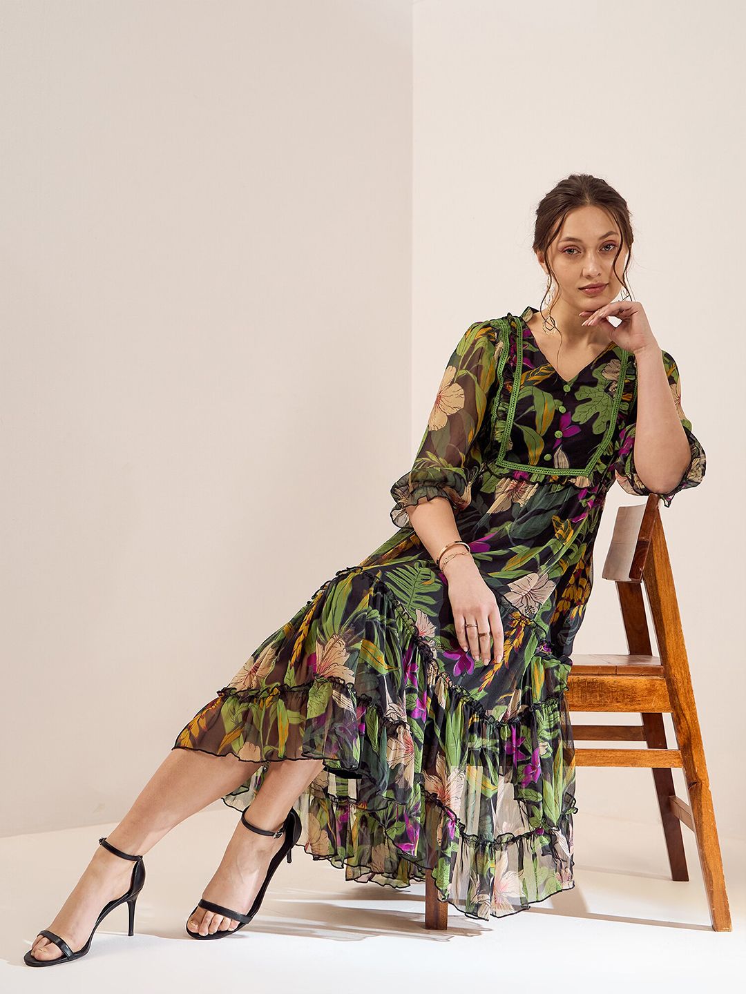 Antheaa Black & Green Floral Printed Puff Sleeves Gathered Tiered Fit & Flare Midi Dress