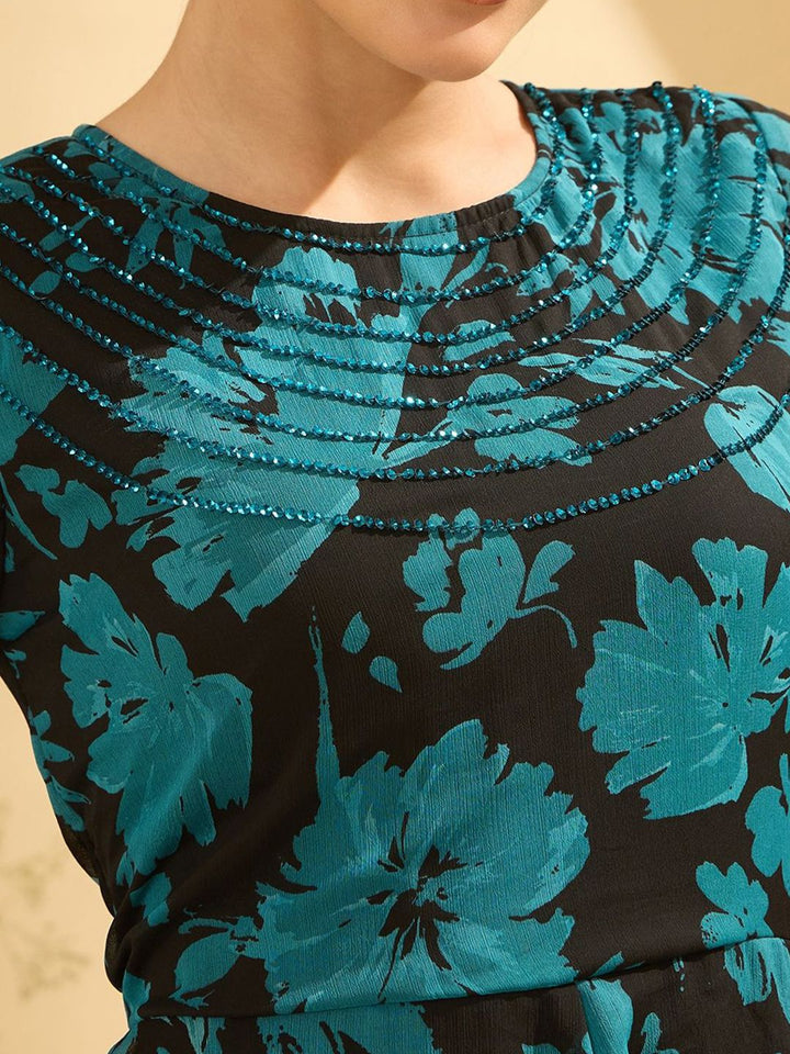 Antheaa Women Floral Printed Embellished Fit and Flare Midi Dress