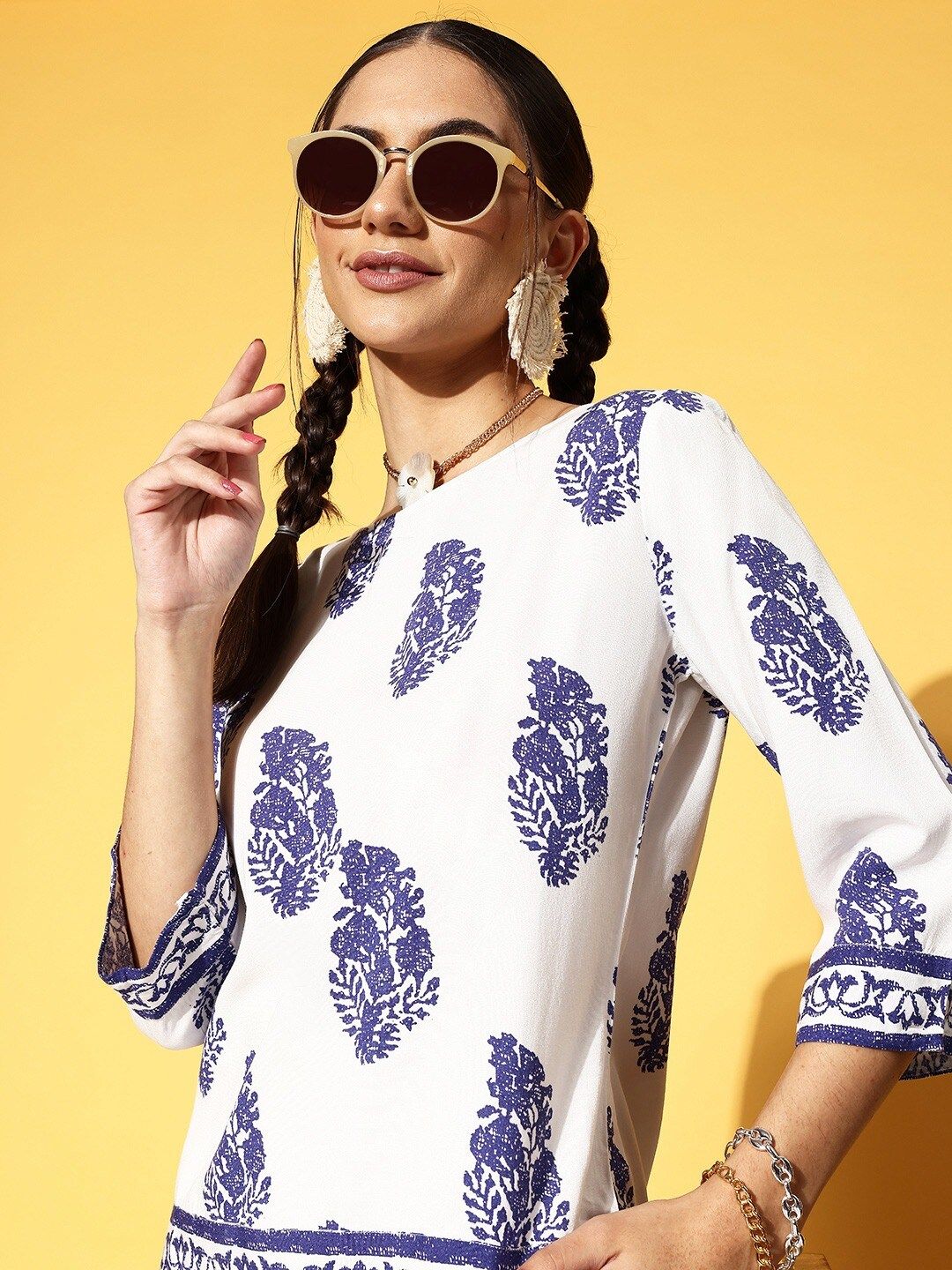 Berrylush Classic White Ethnic Motifs Indie Gal Top