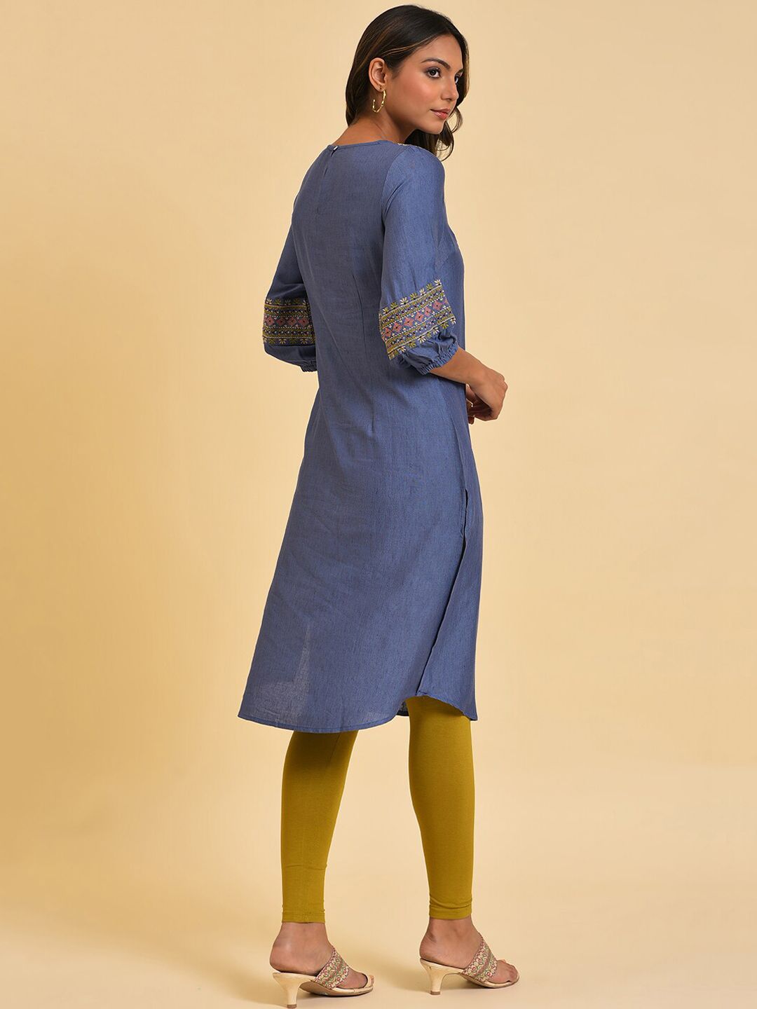 W Blue & Mustard Yellow Geometric Embroidered Kurta