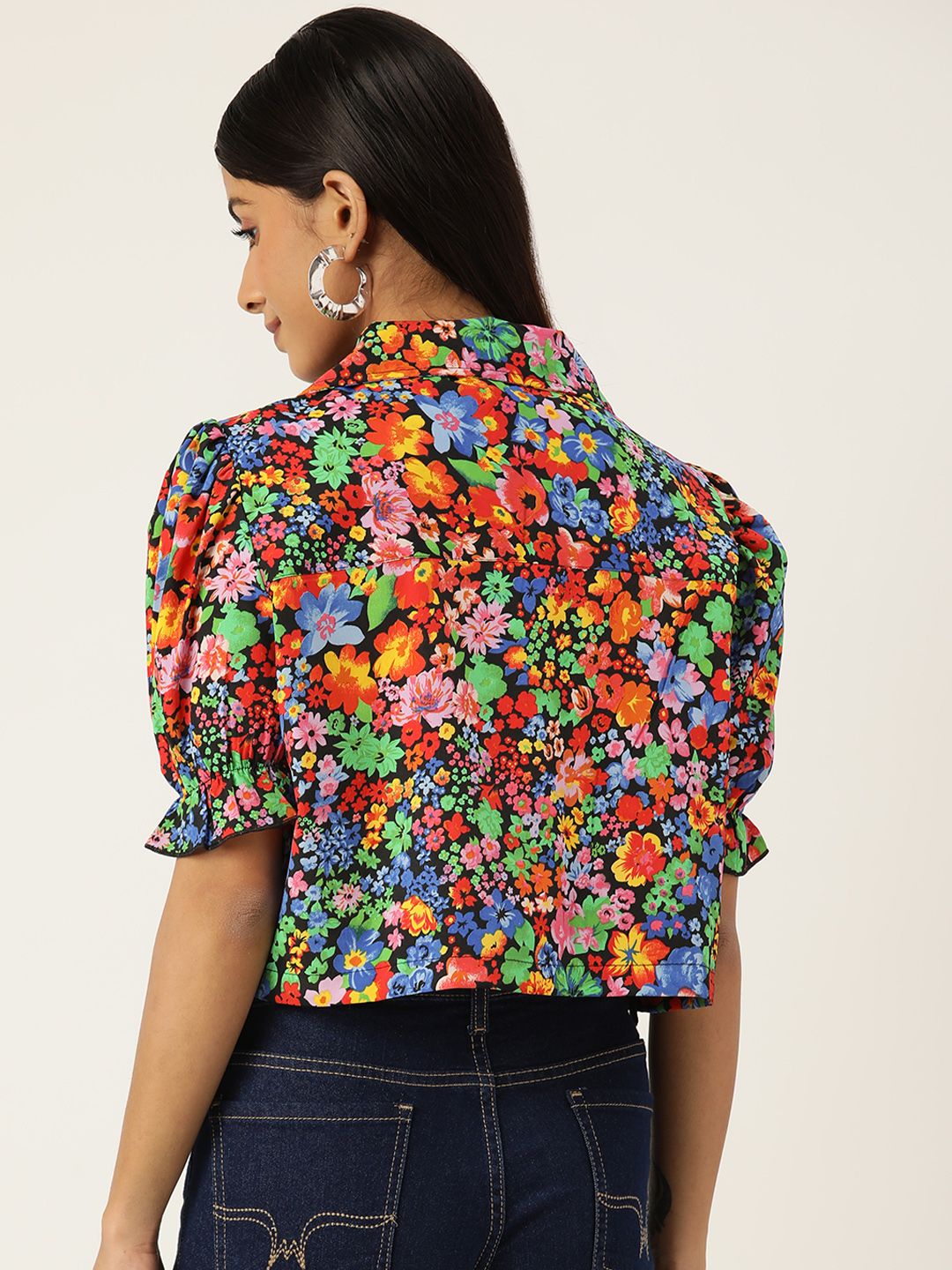 Antheaa Women Comfort Boxy Floral Printed Crop Shirt