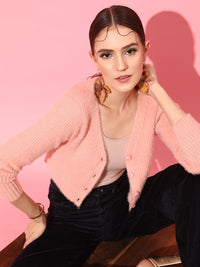 STREET 9 Women Peach-Coloured Ribbed Crop Cardigan