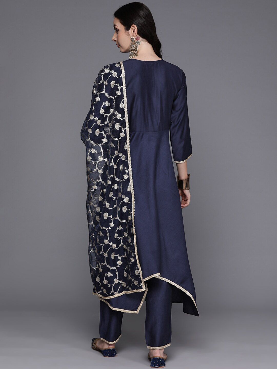 Indo Era Navy Blue Empire V-Neck Sequinned Kurta With Trousers & Dupatta