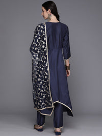 Indo Era Navy Blue Empire V-Neck Sequinned Kurta With Trousers & Dupatta