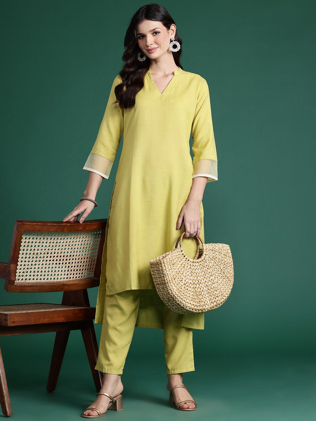 Indo Era Solid High Low Kurta with Trousers