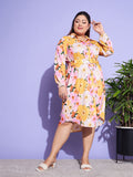 SASSAFRAS Curve Orange Plus Size Floral Printed Puff Sleeves Belted Shirt Dress