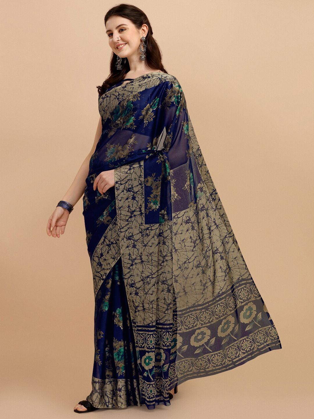 KALINI Navy Blue Floral Printed Saree