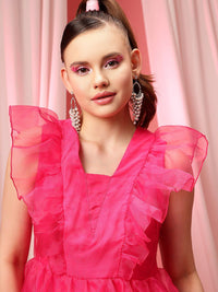 STREET 9 Flutter Sleeves Net Fit & Flare Above Knee Dress