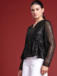 all about you Sequinned Stripes Embellished V-Neck Gathered or Pleated Party Top