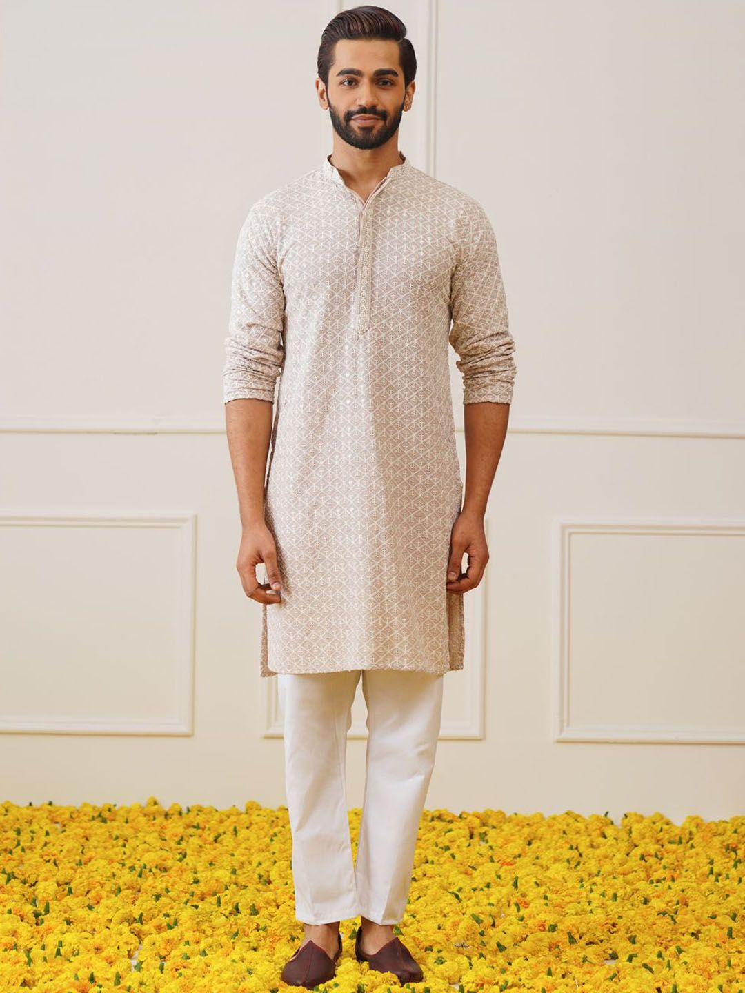 Jompers Geometric Embroidered Thread Work Pure Cotton Kurta With Pyjamas