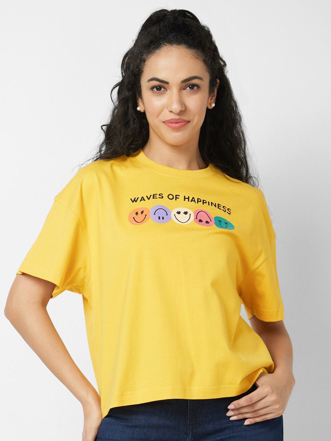 SPYKAR Typography Printed Round Neck Cotton Oversized T-shirt