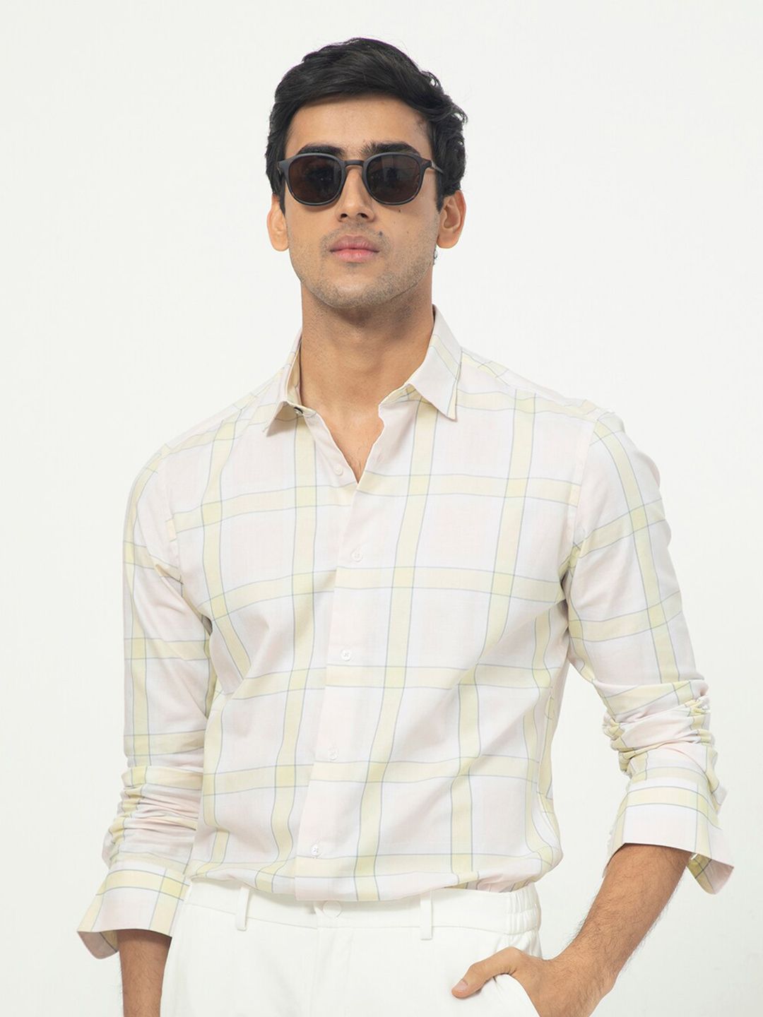 RARE RABBIT Men Tarkin Pink Slim Fit Windowpane Check Cotton Shirt