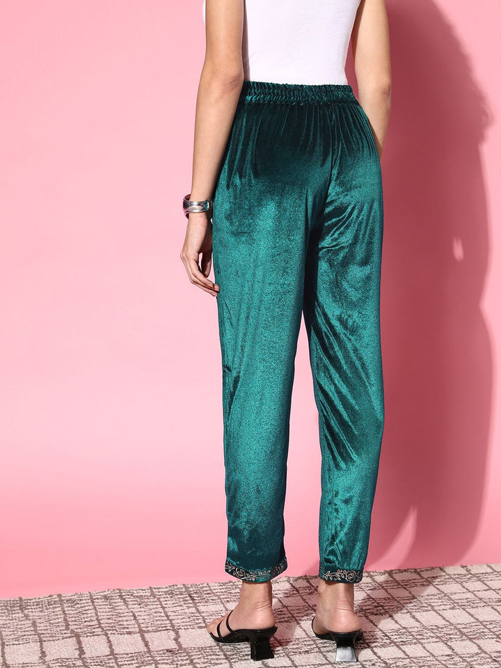 Shae by SASSAFRAS Women Tranquil Teal Solid Velvet Trousers