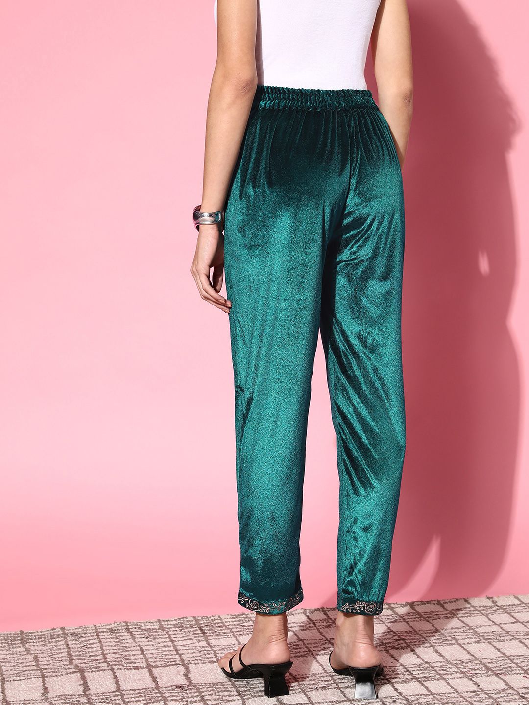 Shae by SASSAFRAS Women Tranquil Teal Solid Velvet Trousers