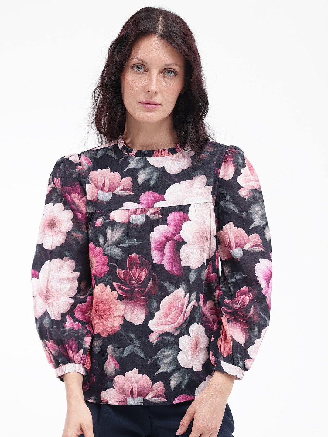 RAREISM Floral Print Cotton Blouson Top