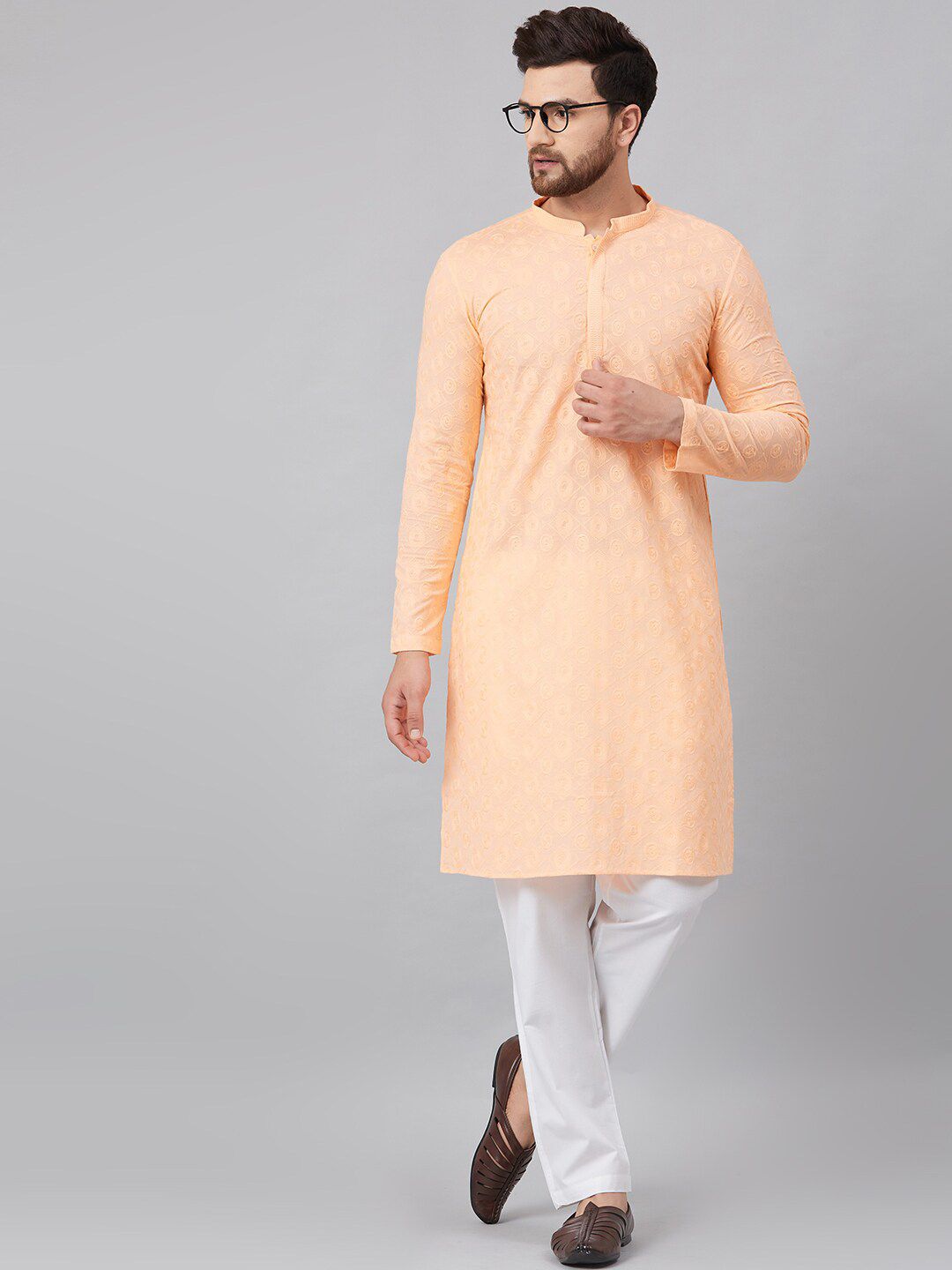 See Designs Men Peach-Coloured Thread Work Kurta
