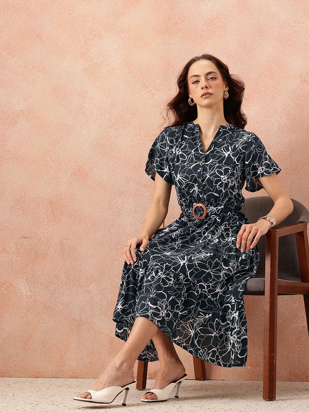 all about you Floral Print Flutter Sleeves A-Line Midi Dress with Belt