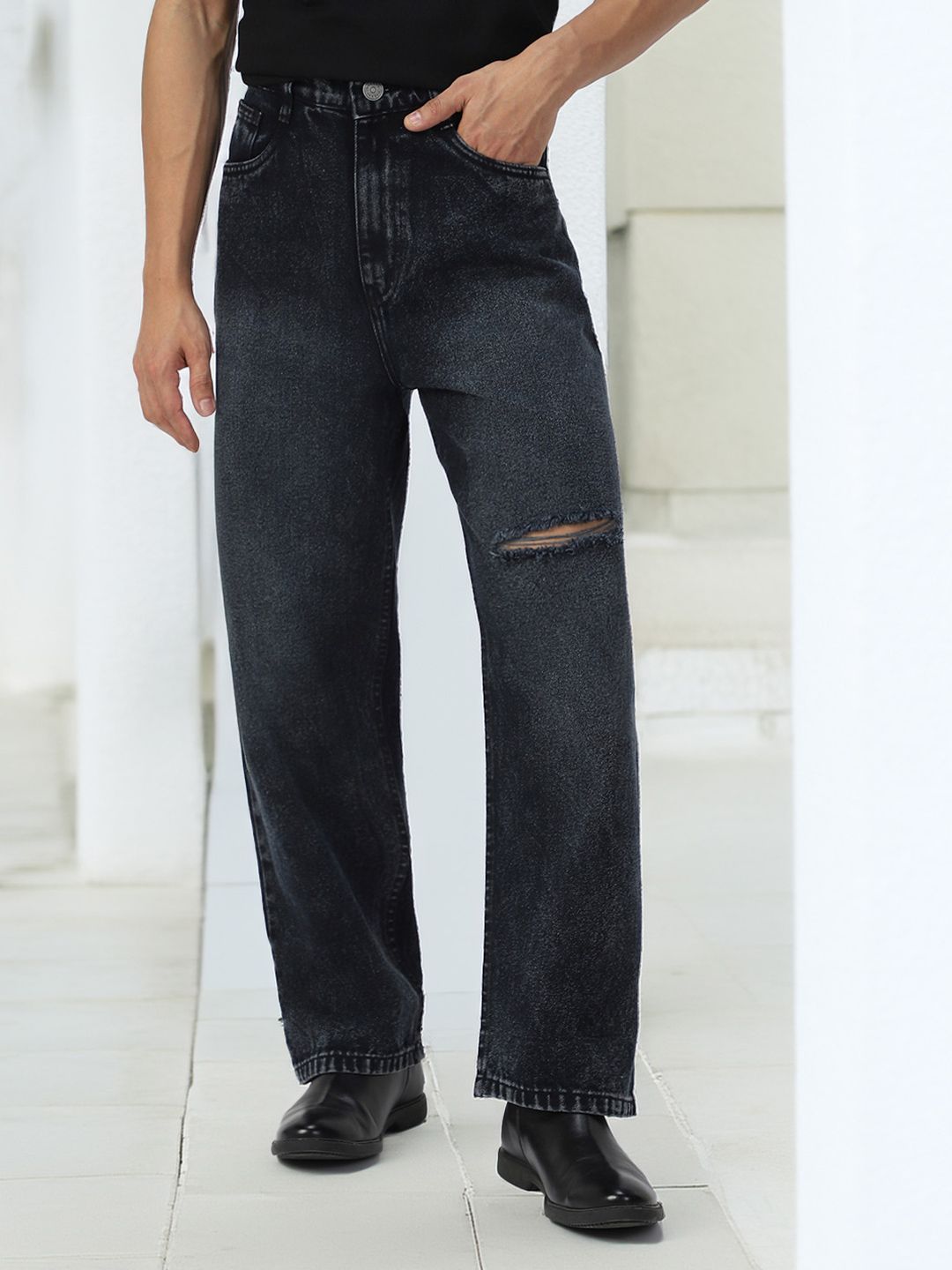 Urbano Fashion Men Pure Cotton Loose Relaxed Fit Slash Knee Heavy Fade Jeans